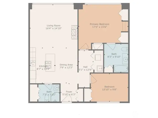 Floor plan and room dimensions of Unit 711 in the Roberson.