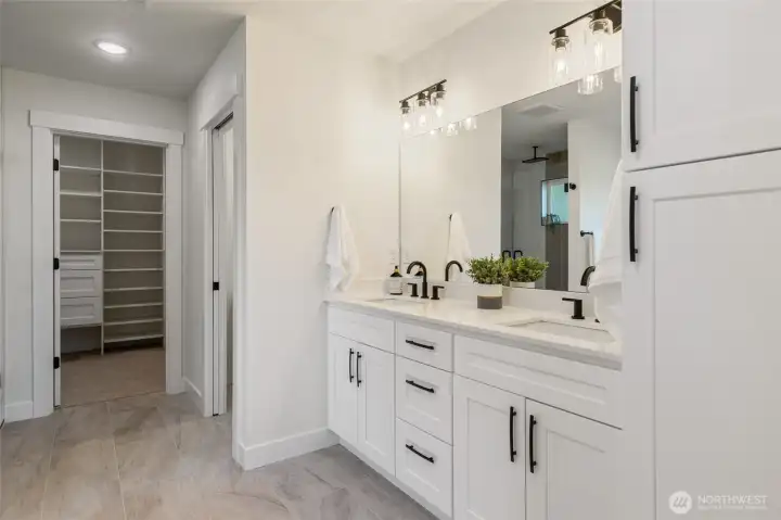 Primary Bath with Double Sinks, Plenty of Storage & Beautiful Lighting ...