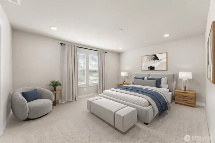 Primary bedroom virtually staged.  Primary faces South!