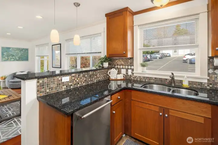 The kitchen overlooks the main living area so you can stay connected while prepping meals.