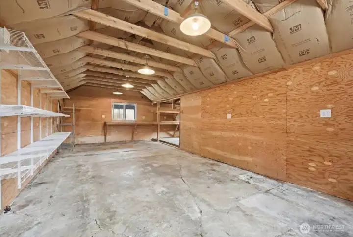 Single car garage with workbench.