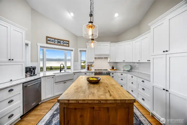 The kitchen island with butcher block. The kitchen island with butcher block.