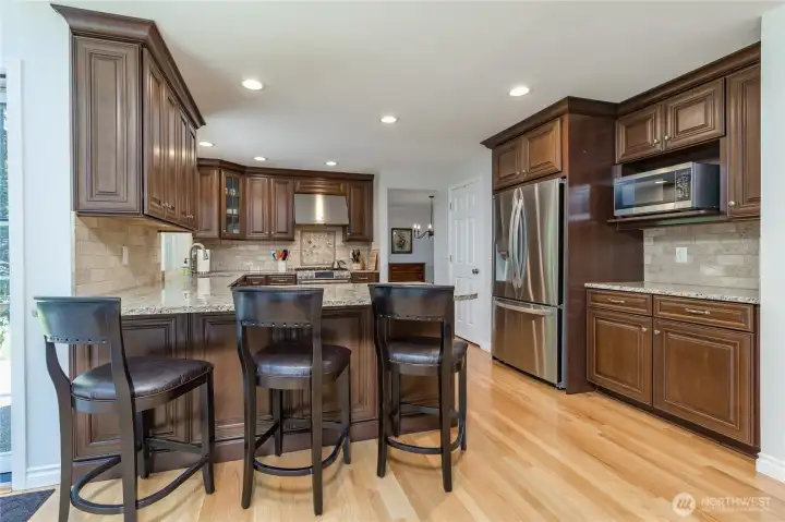 Counter seating and ample counter space make this kitchen highly functional.