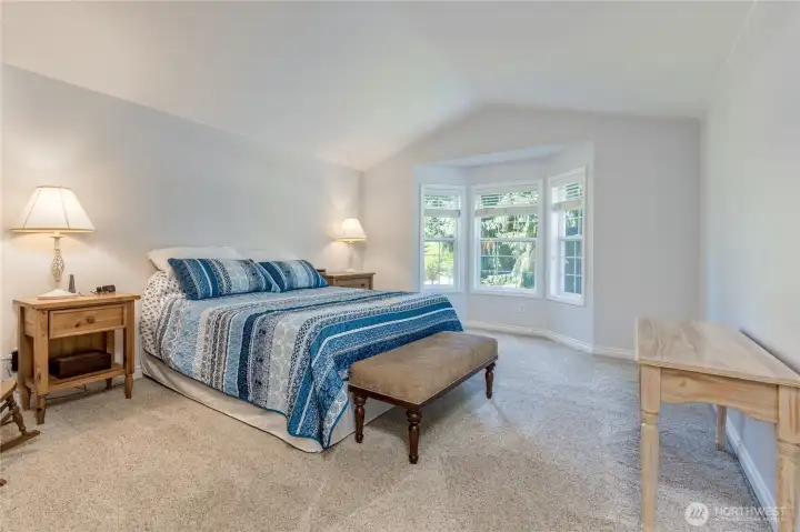 Large Primary suite features vaulted ceiling and bright windows with custom blinds.