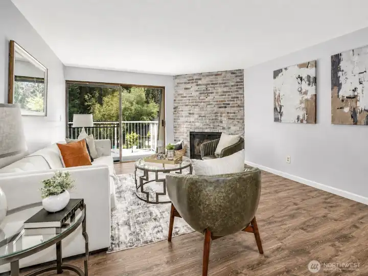 Living room virtually staged with couch anchored on left