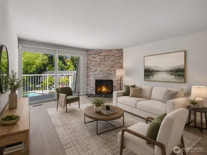 Living room virtually staged with couch anchored on ritght