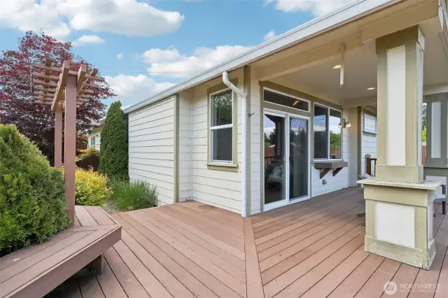 Deck designed with railings and built-in benches