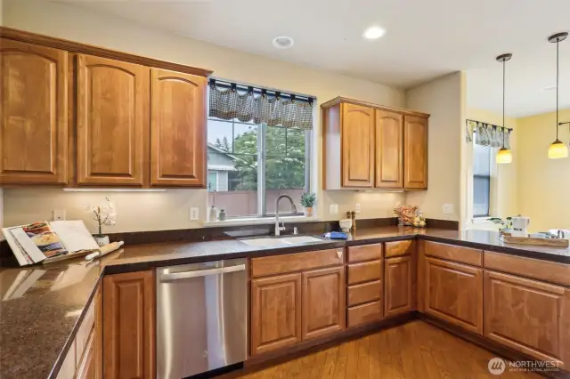 Kichten with hardwood flooring, Stainless Steel Appliances plus undermount double kitchen sink