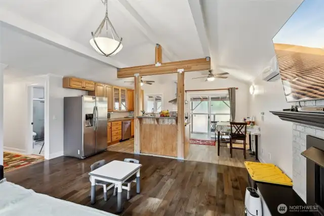 Great room concept with vaulted ceilings.