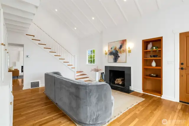 Original hardwoods and wood burning fireplace