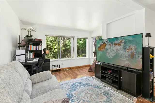 gas fireplace is located behind the large tv. Very light and bright room.