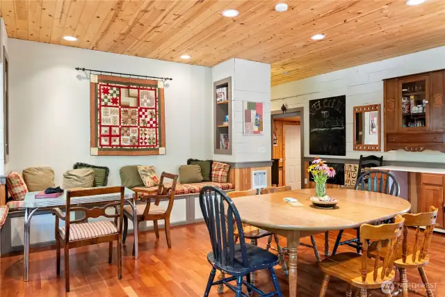 The kitchen is large enough for both dining and games.