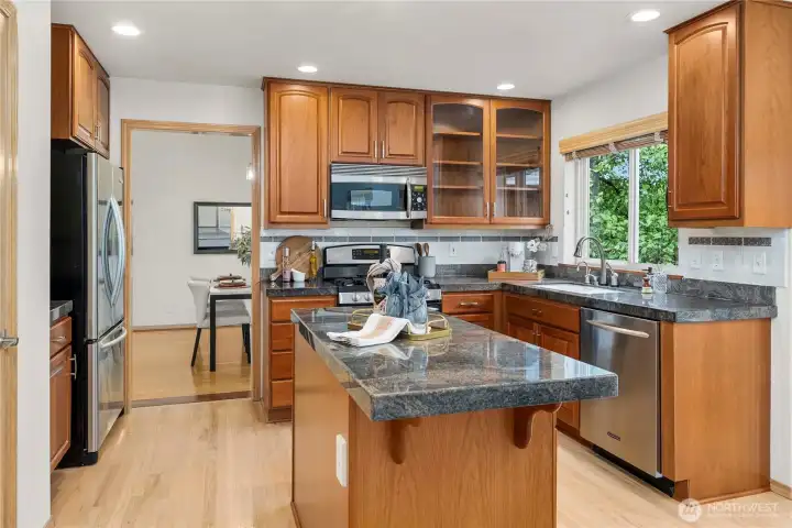 Sophisticated recessed lighting enhances the clean, modern design.