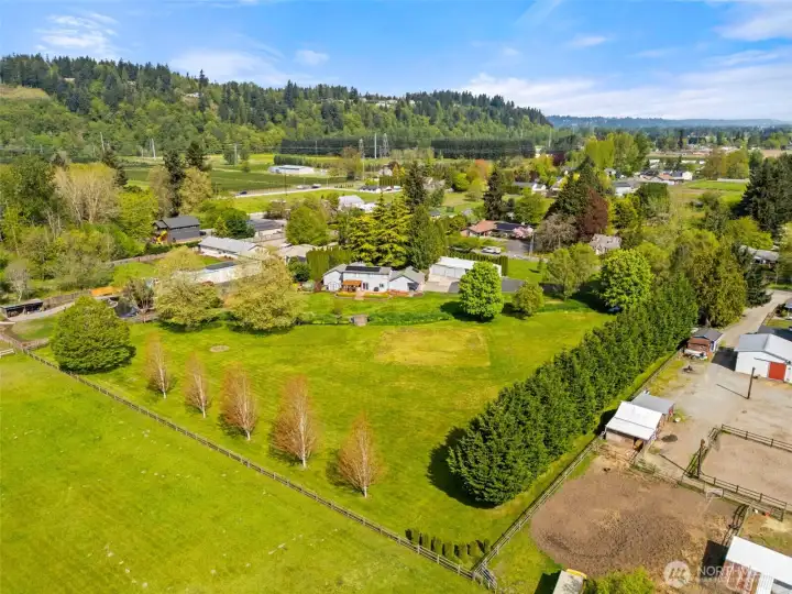 Aerial view of the home and property.