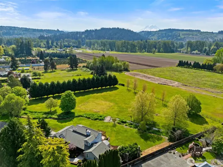 Aerial view of the home and acreage.  On a clear day you can see Mt. Rainier.