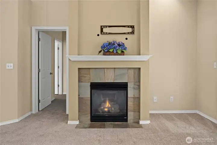 Cuddle up next to the warm natural gas fireplace with built in tv mount an hidden wiring portholes for your entertainment or gaming system Cuddle up next to the warm natural gas fireplace with built in tv mount an hidden wiring portholes for your entertainment or gaming system