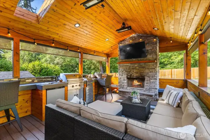 Year round enjoyment! Roll down shades for privacy, protection from weather and to darken it up to watch a movie or game!