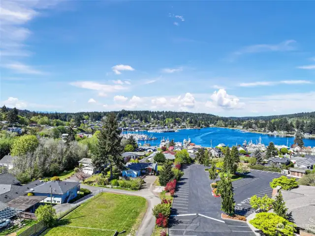 Aerial view in relationship to Gig Harbor Bay & waterfront activities.