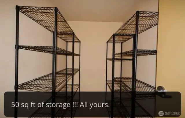 This storage room is located outside of the condo in the hallway. Not all condos have this added storage.