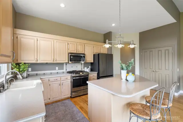 Tons of cabinets and a large island anchor this space; newer high-end stainless-steel appliances complete the perfect package.