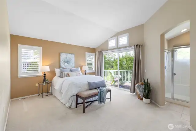 Back inside the home, the oversized master suite, with it's own slider out to the deck and huge ensuite bath.