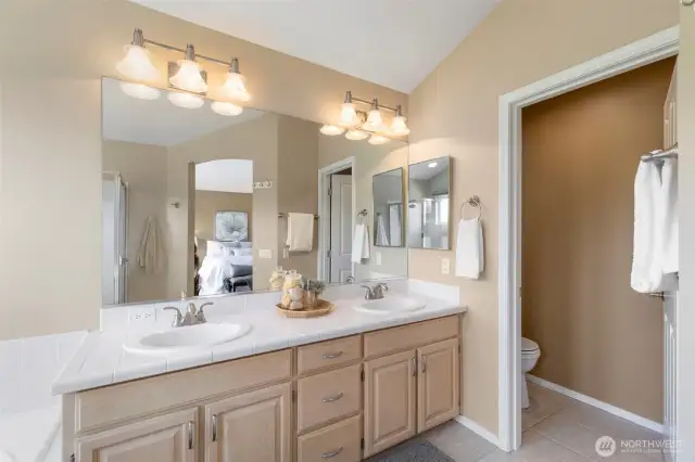 The roomy vanity with double sinks and designer lighting.