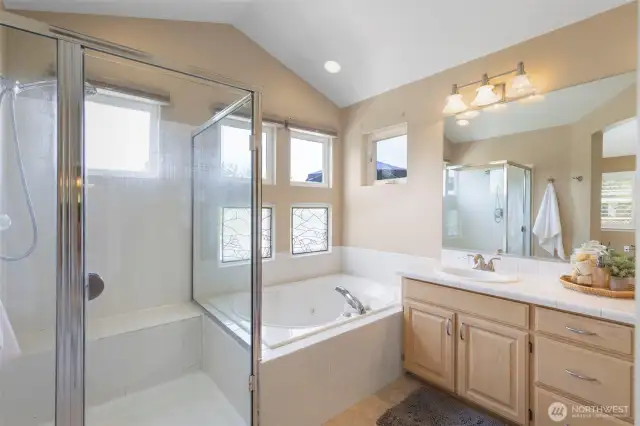 This master ensuite has it all...large jetted tub, roomy shower, and ample windows bringing in the light.