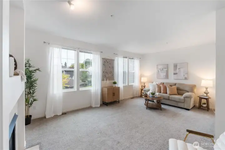 Large living room with cozy fireplace and lots of light