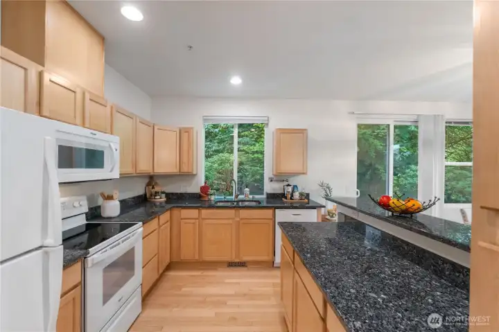 Beautiful granite counters and shaker cabinets