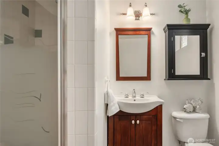 The three-quarter bath is thoughtfully designed with a walk-in shower with washer / dryer hook up, fully self-contained space on the lower level.