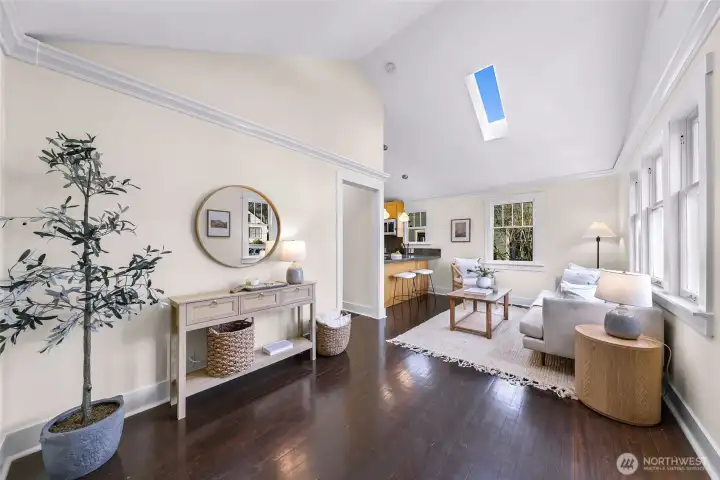 Light drenched living room with vaulted ceilings