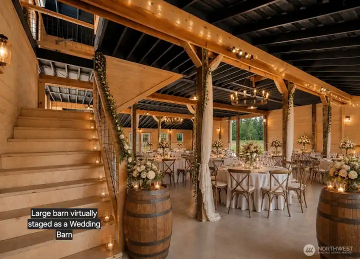 Virtually staged as wedding barn theme