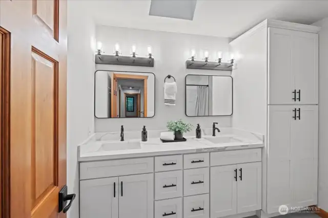 Remodeled guest bathroom including a beautiful new tile shower