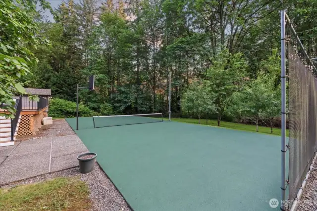 Spend hours playing on this refreshed sport court this summer- pickle ball, tennis, basketball, volleyball - you choose
