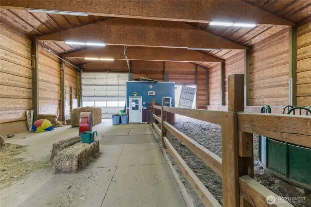 Large barn 60X60 with hay storage on one side and horse barn on the other. Fully enclosed tack room with tons of storage and mini fridge for your animal meds.