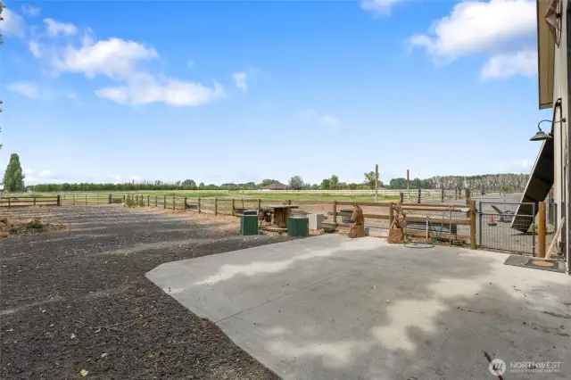 All pastures have solid wood fence on 8ft posts with no climb horse fence sandwiched between the rails. There's a highline and hitching posts.