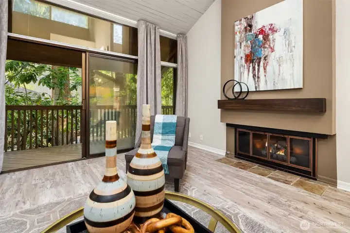 Living room with gas fireplace.