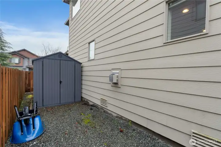 Side yard with a shed