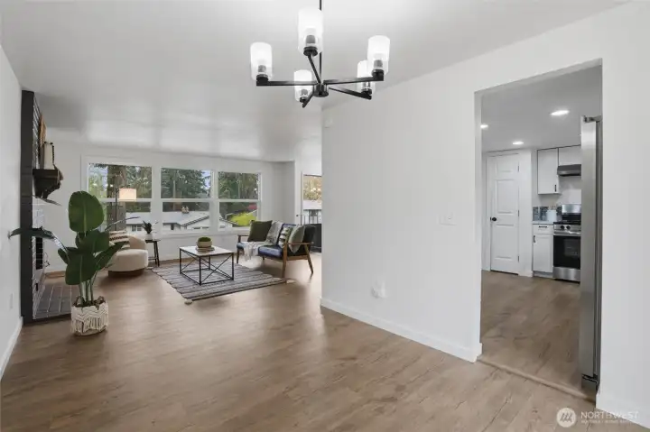 Dining, kitchen and living room