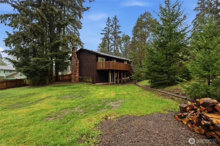 View from large backyard to newly painted home