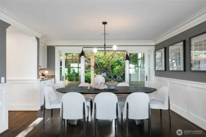 French doors lead to the backyard.