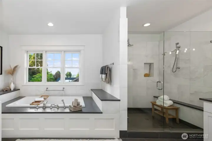 A full size primary bathroom retreat.