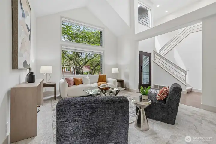 Light filled living room with vaulted ceilings