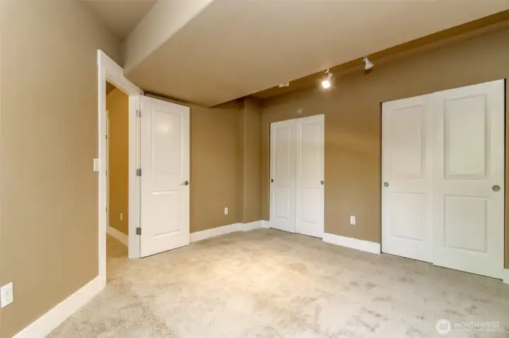 Private lower-level bedroom with ample closet space, perfect for guests, remote work, or extended living arrangements.