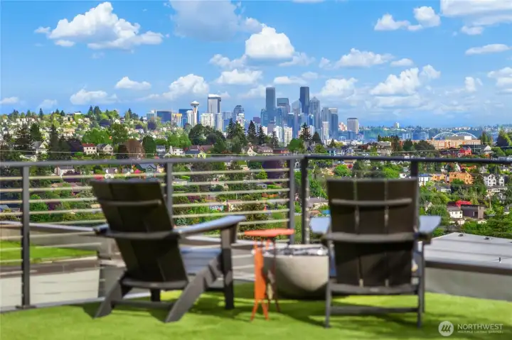 Expansive rooftop retreat offers unforgettable 360-degree views, turf flooring, BBQ station with patio, privacy screening, and mature landscaping—creating the ultimate space for entertaining and relaxing.