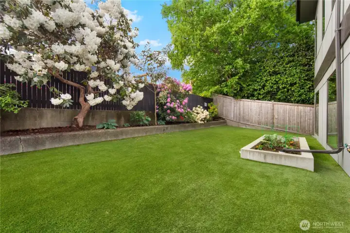 Mature low-maintenance landscaping with turf and drip irrigation, a fully fenced yard,