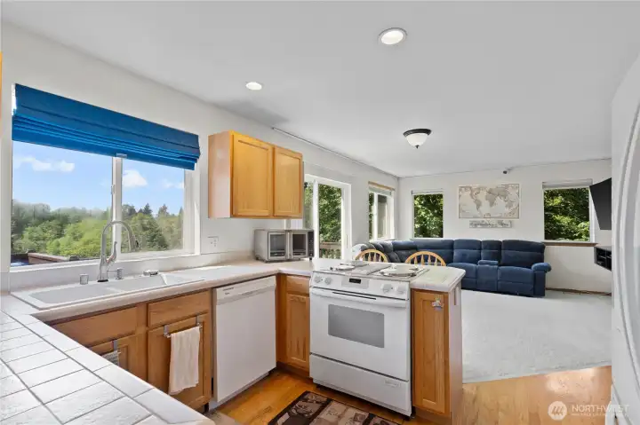 The kitchen flows to the great room overlooking the canopy of trees The kitchen flows to the great room overlooking the canopy of trees