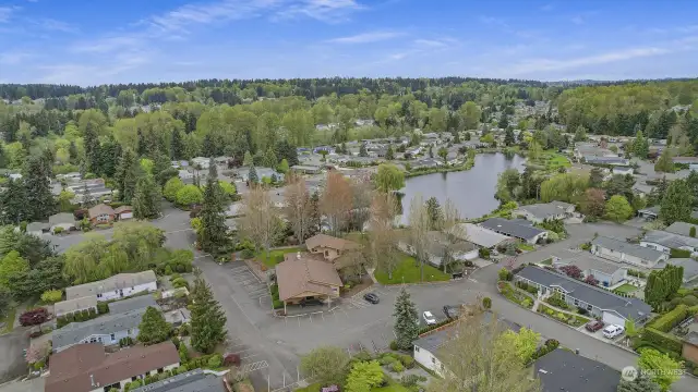 Wandering Creek Community Common area:  Drone view of the clubhouse and reflection lake.