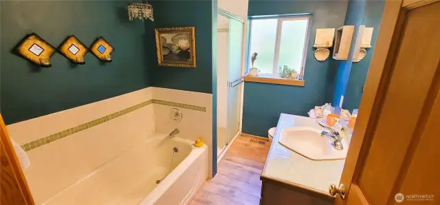Spa-like serenity meets charming detail in this light-filled bathroom — soak beneath the soothing green tile accents and unwind in a space that’s equal parts retreat and refresh.