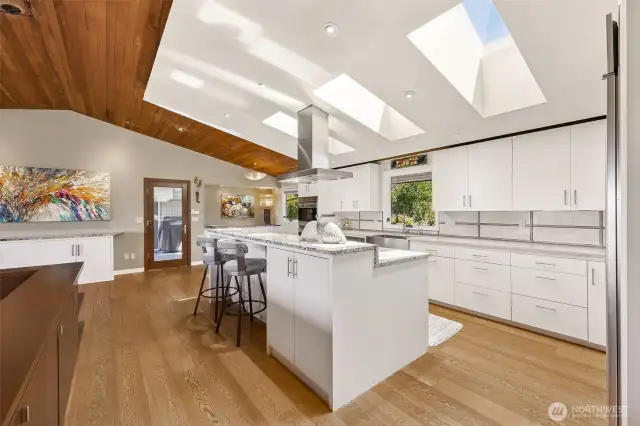 Skylights fill the kitchen with light.